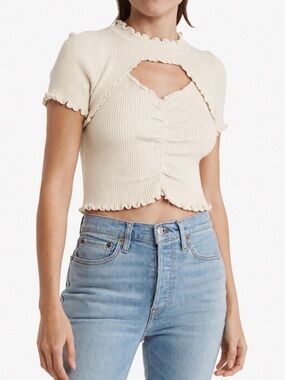 Cotton Emporium Women’s L Cream Ribbed Crop Top Lettuce Edge Mock Neck Stretch